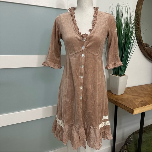 Odd Molly Velvet Babydoll Dress 580 Imagine Free SZ 1/Small Beige Pink Tone GUC - Picture 1 of 10